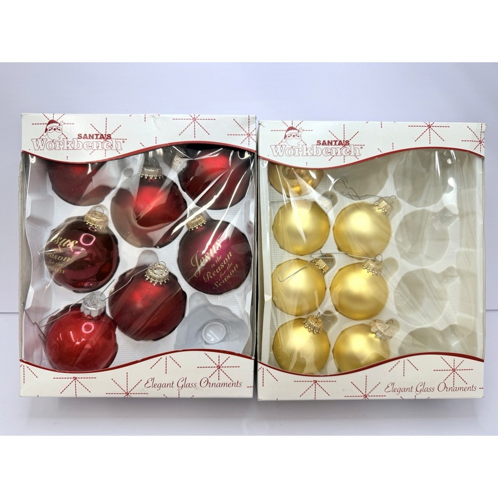 Lot 2 Santa's Workbench Glass Christmas Ornaments Red Gold Jesus Reason 3" & 2"